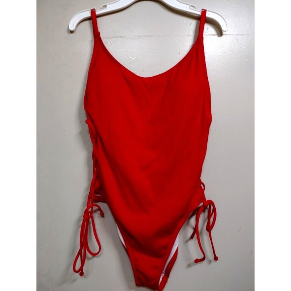 Victoria's Secret Swim Victorias Secret Pink Red Large Ribbed Lace Up One Piece Bathing Suit